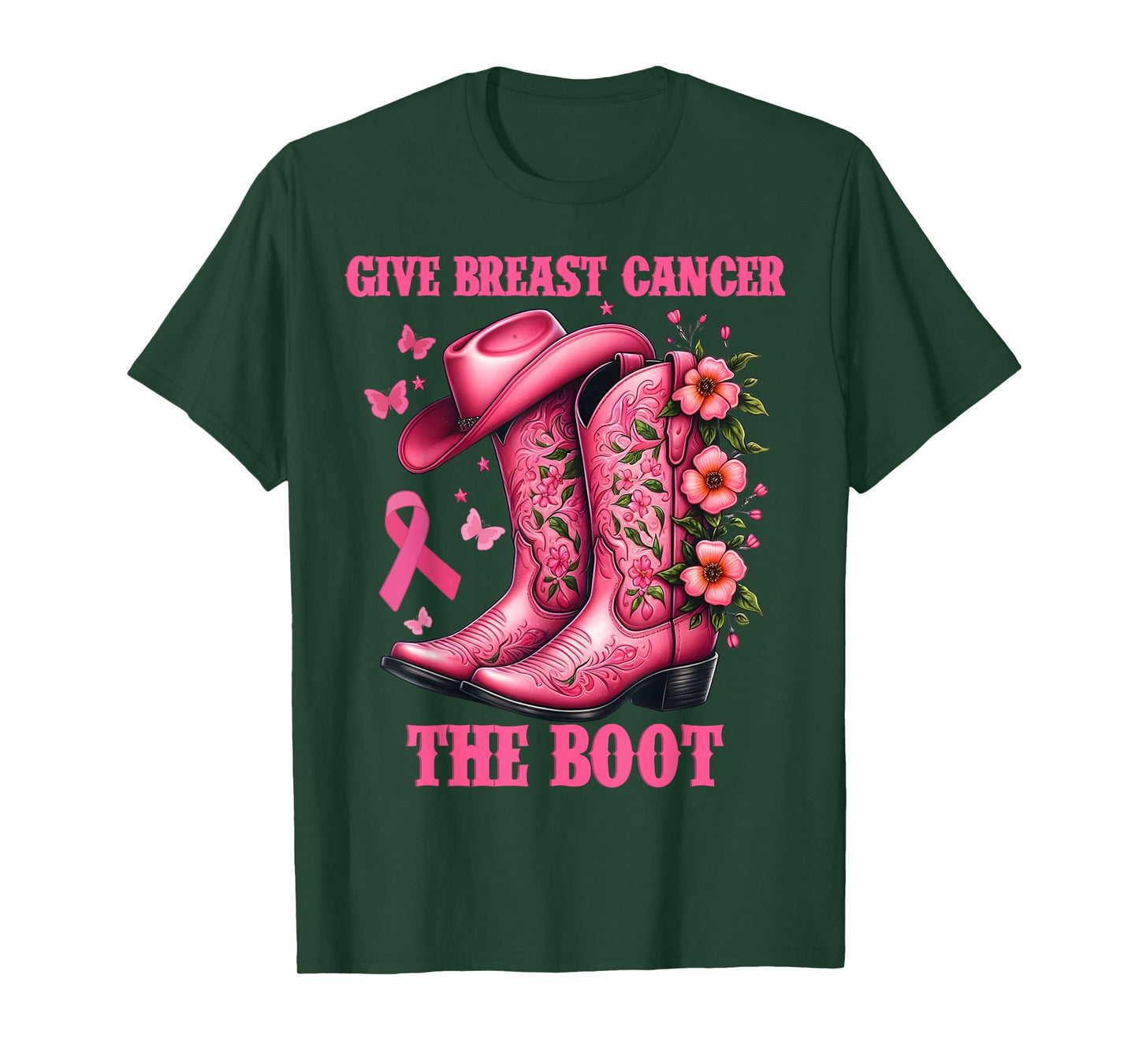 Give Breast Cancer The Boot Cowgirl Cancer Awareness Ribbon T-Shirt