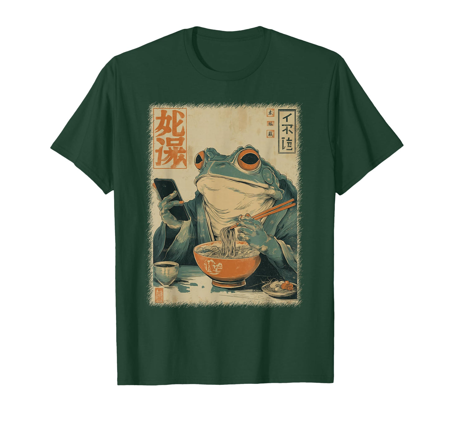 Funny Grumpy Frog Eat Ramen and Scroll Phone Japanese Art T-Shirt