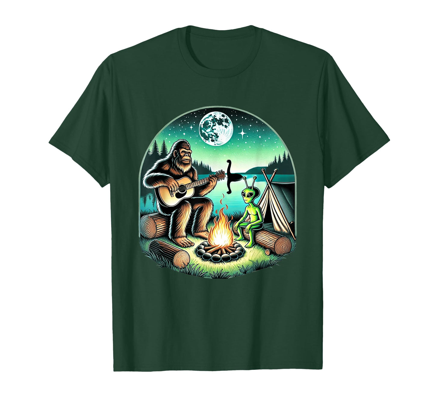 Alien and Bigfoot Loch Ness Campfire Sasquatch T-Shirt