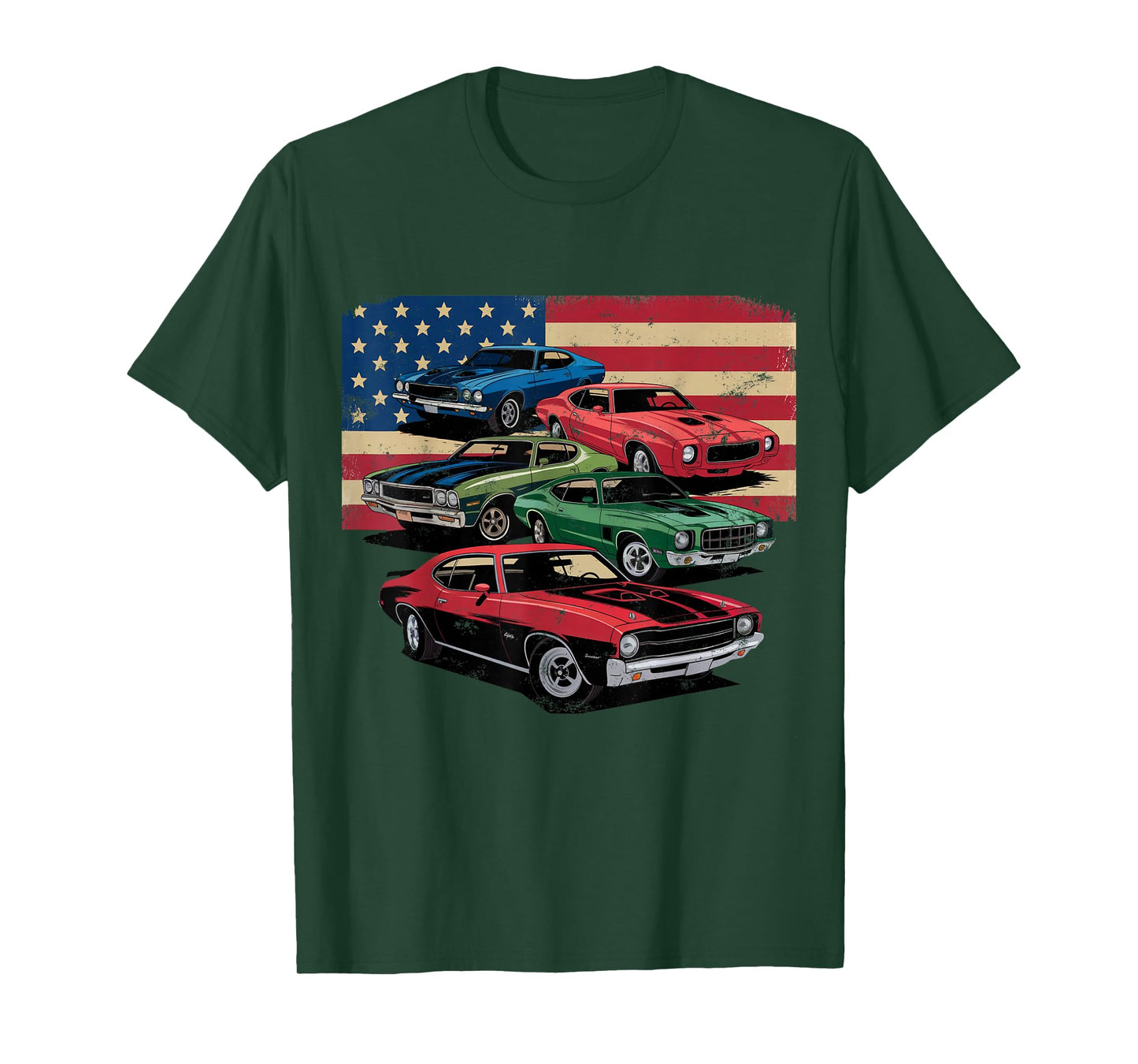 Patriotic American Flag Vintage Muscle Car T-Shirt