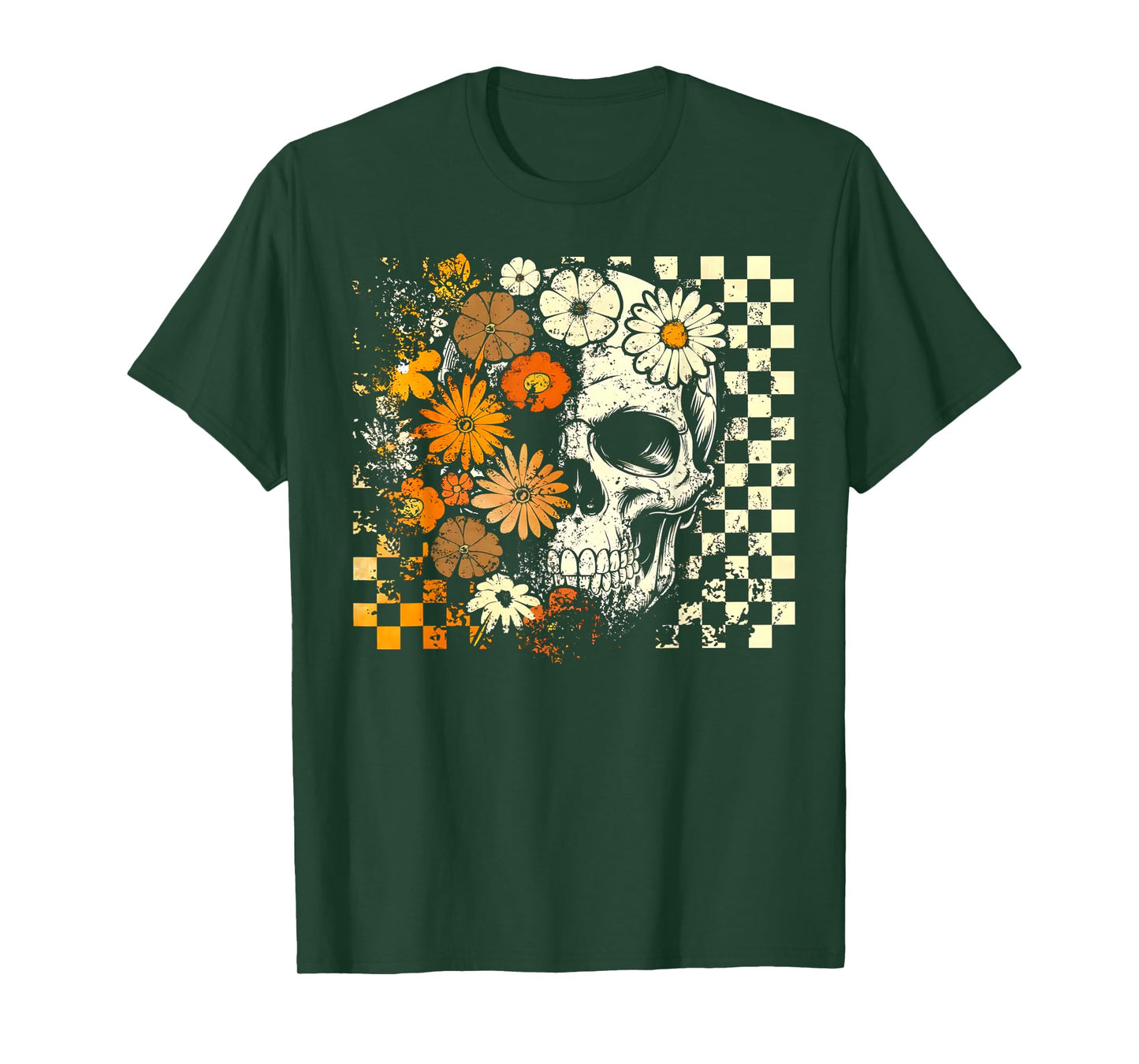 Checkered Boho Floral Skull Halloween Girl Women T-Shirt