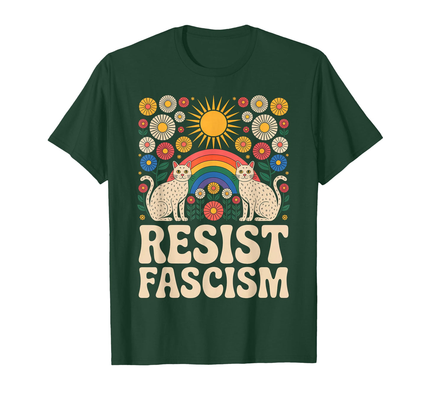 Cats Resist Fascism Retro Groovy Rainbow No Kings Hippie T-Shirt