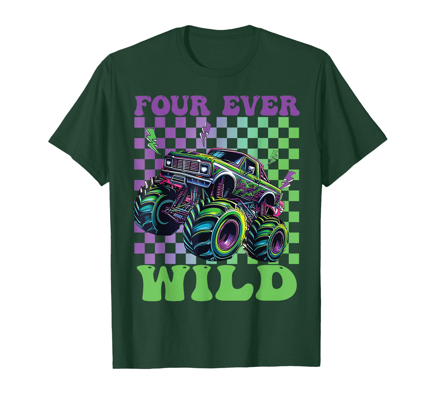 Funny Four Ever Wild 4th Birthday Kids Monster Truck T-Shirt