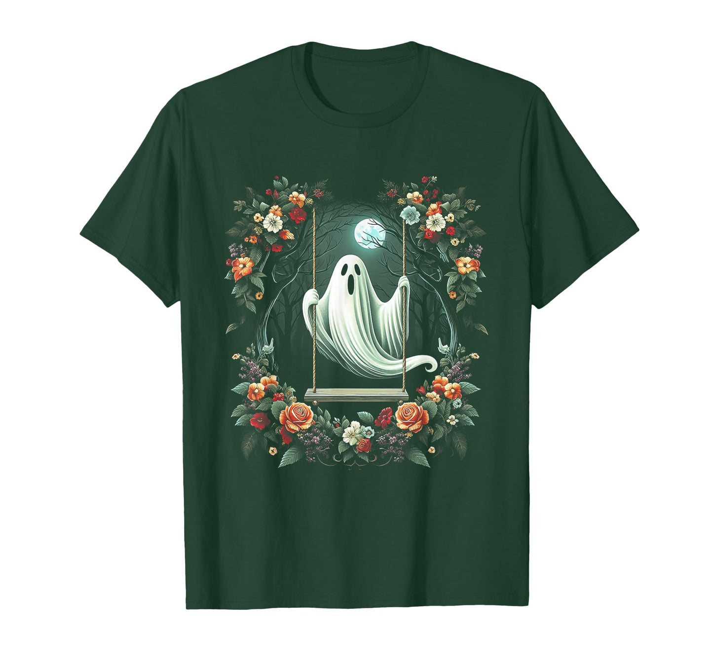 Vintage Floral Ghost On Swing In Forest Halloween Gothic T-Shirt