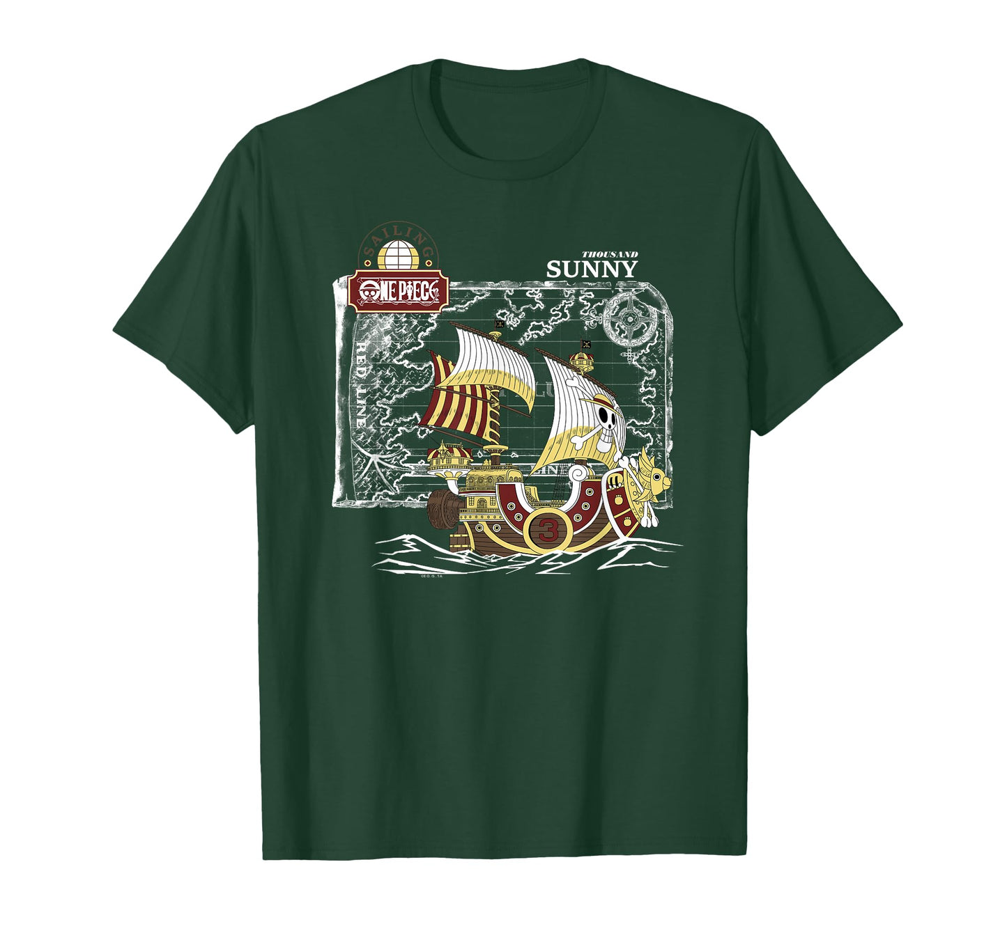 One Piece Anime Thousand Sunny Ship with Map and Logo T-Shirt