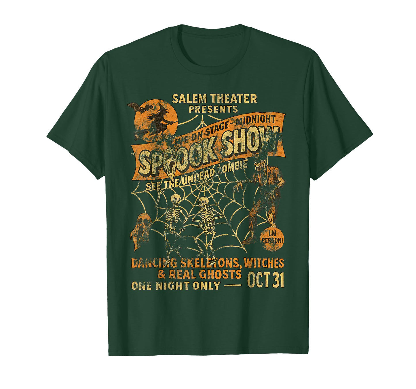 Vintage Halloween Poster Tee Witch Dancing Skeletons Monster T-Shirt