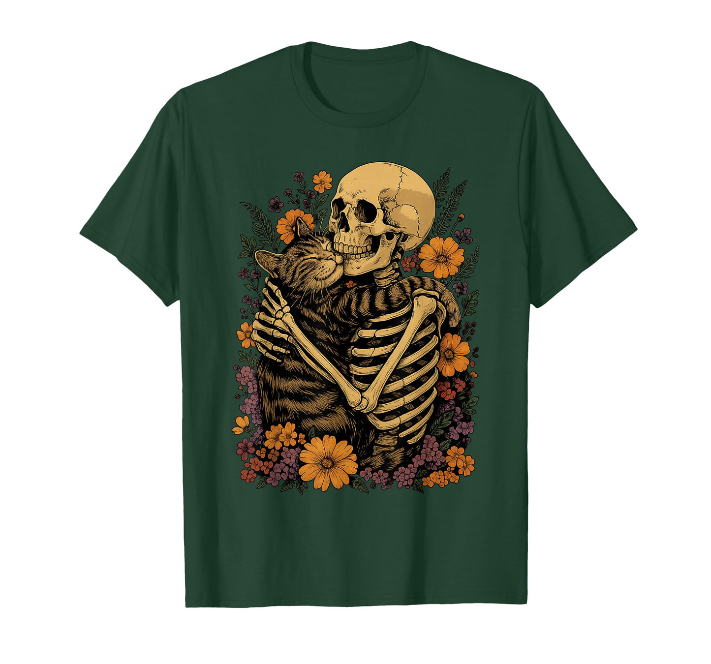 Skeleton Hugging Cat Floral Halloween Cats Lover T-Shirt