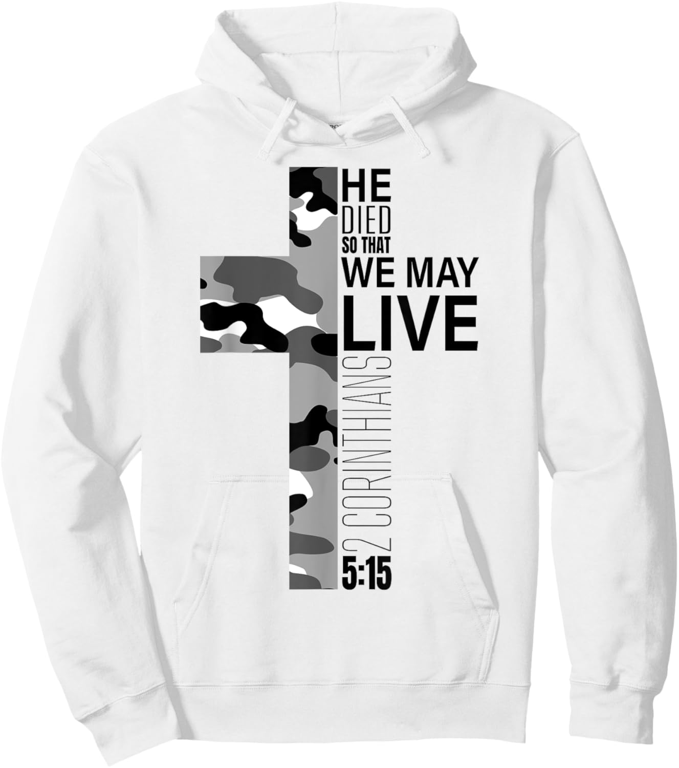 Christian Bible Verse Black White Camo Cross Easter Graphic Hoodie - Hoodie | White