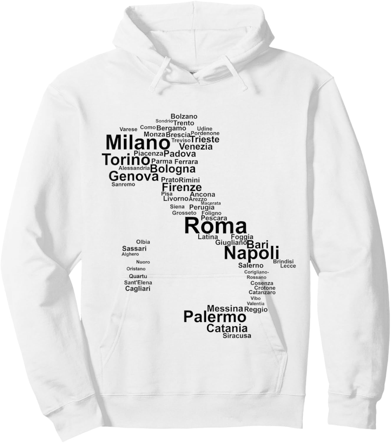 Italy Map Silhouette Towns Cities Rome Milan Travel Europe Hoodie - Hoodie | White