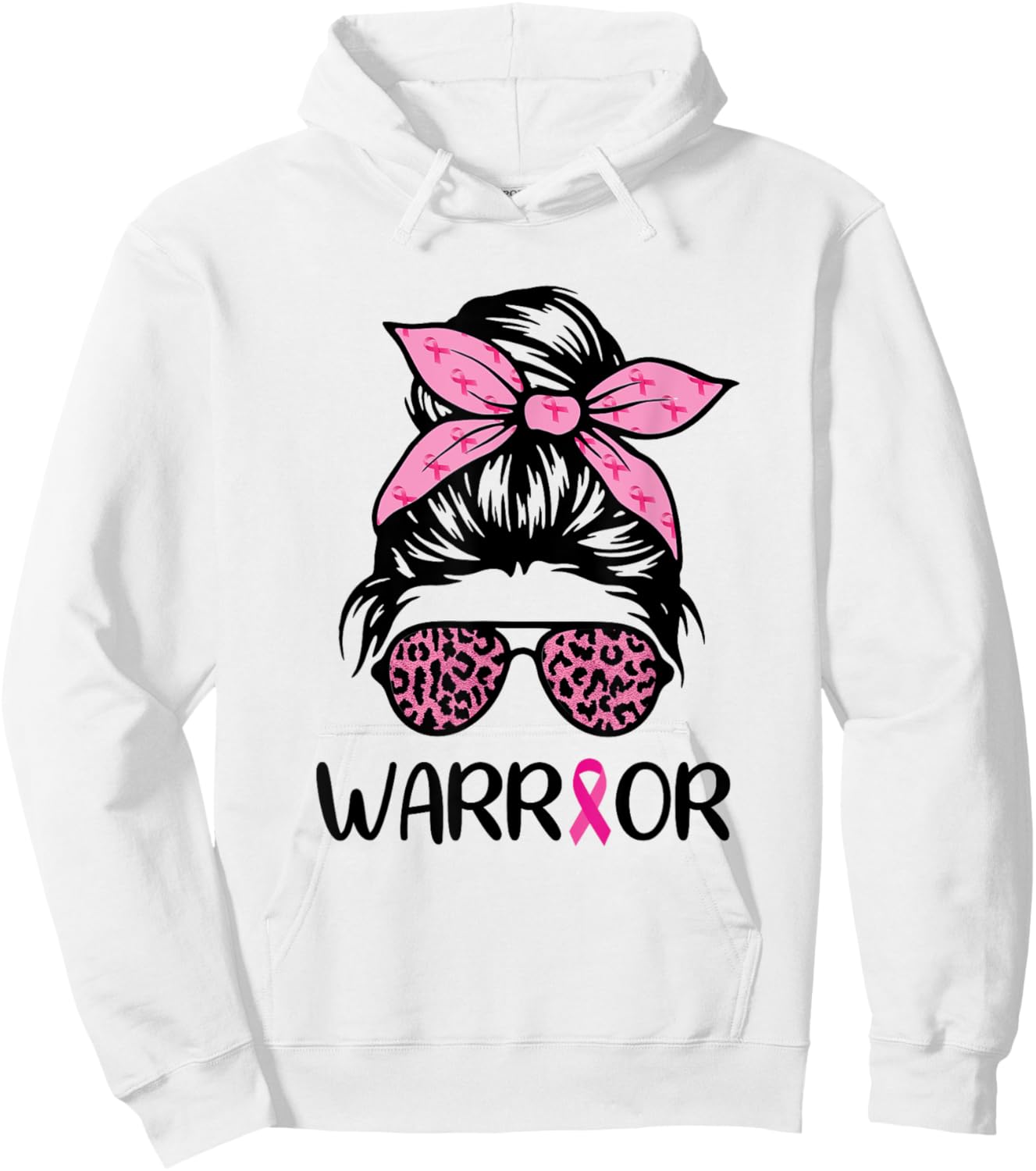 Warrior Breast Cancer Awareness Messy Bun Leopard Pink Hoodie - Hoodie | White