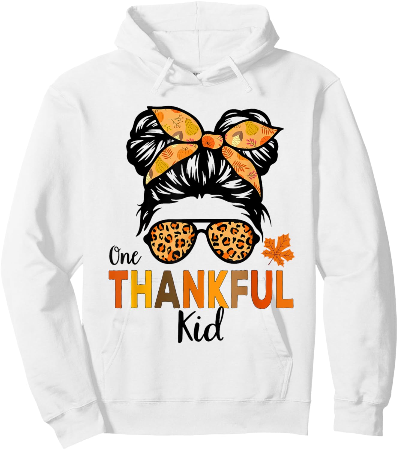 Thanksgiving Shirts for Girls One Thankful Kid Messy Bun Hoodie - Hoodie | White