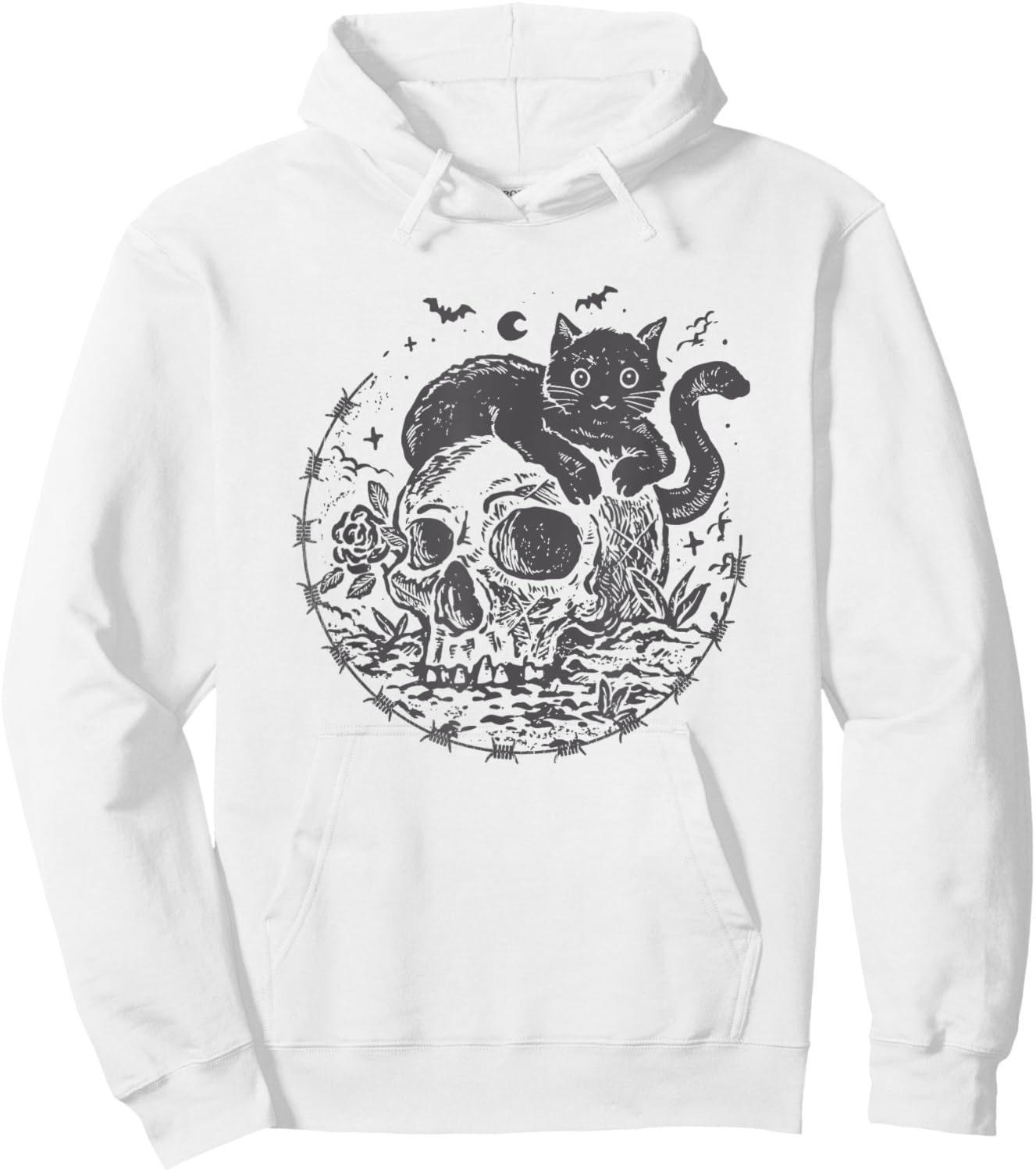 Mysterious Black Cat On A Skull Witchy Aesthetic Grunge Hoodie - Hoodie | White