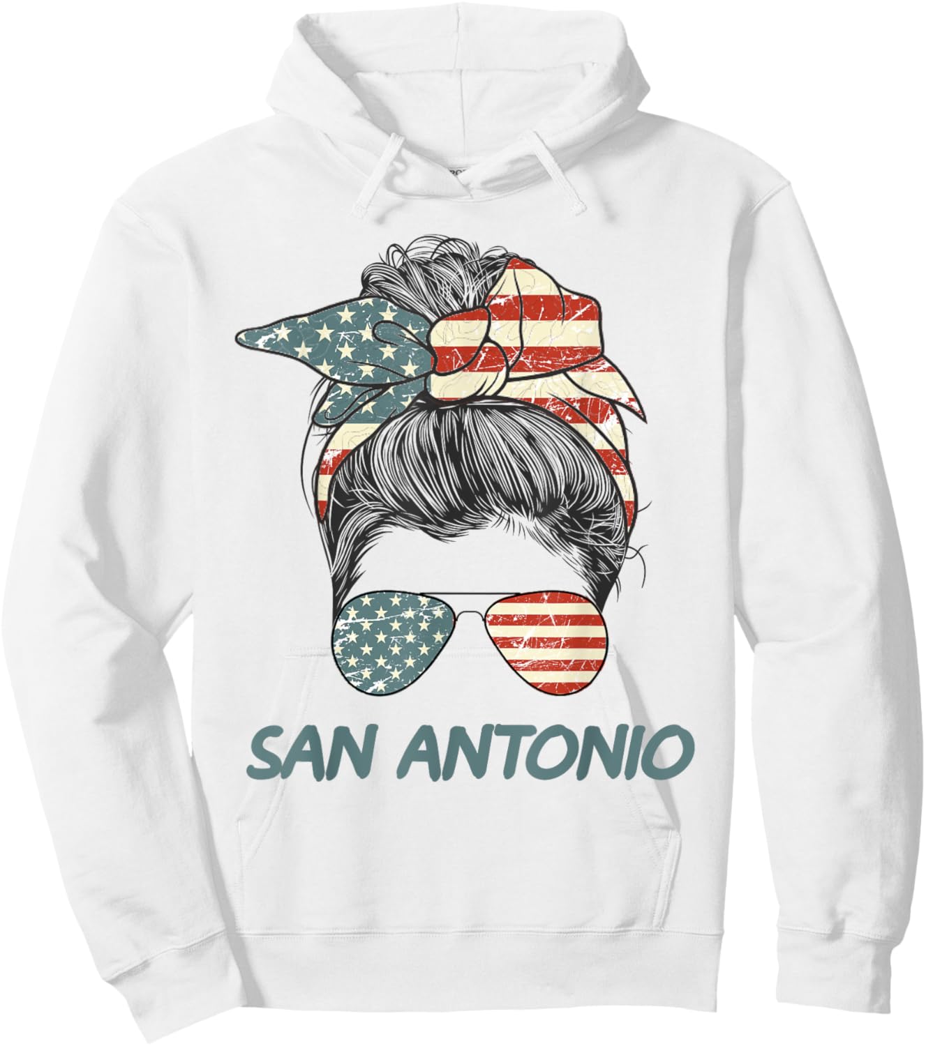 San Antonio Girl Messy bun, Texas Pride Patriotic USA flag Hoodie - Hoodie | White