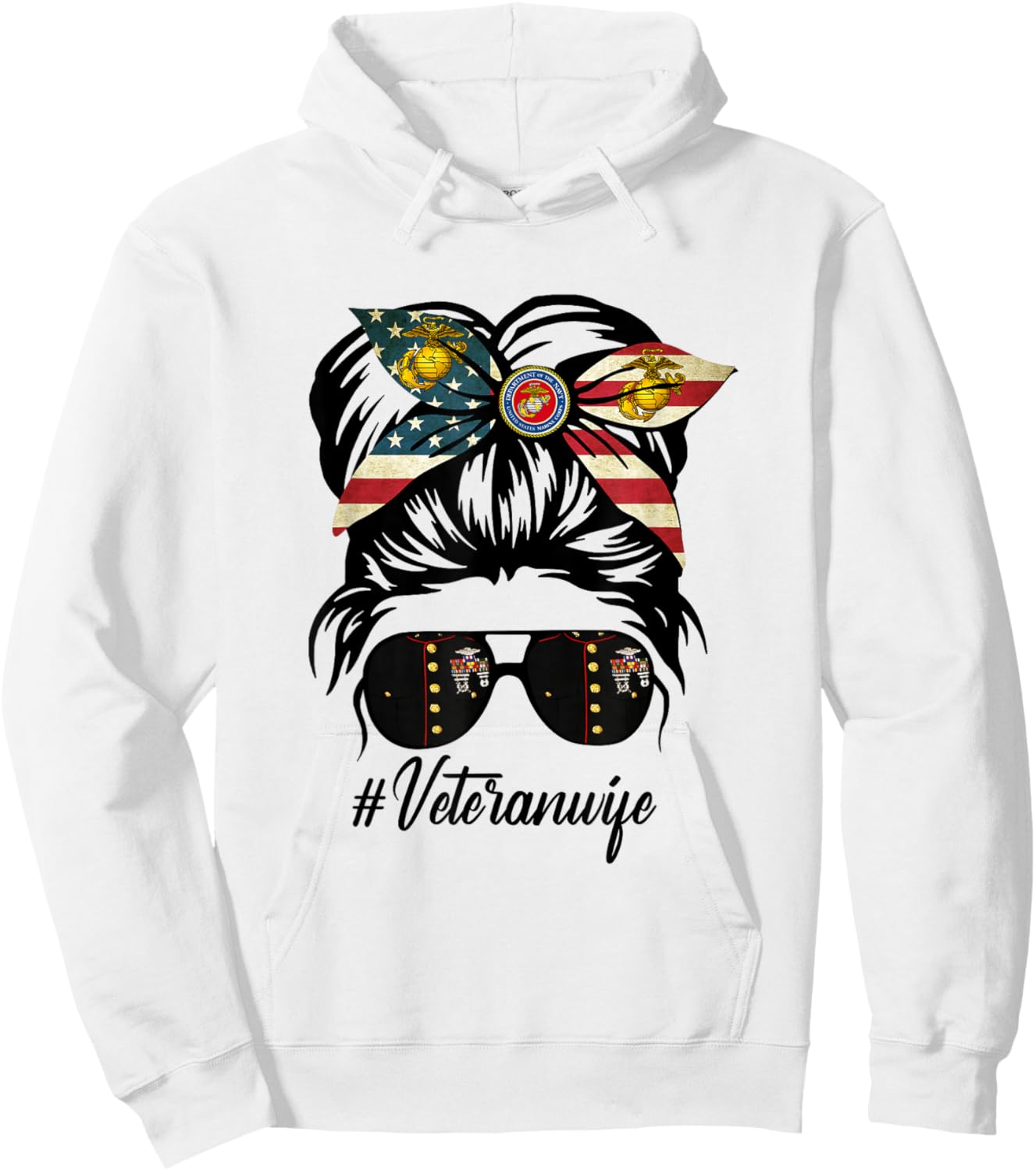 Women Veteran Wife Military Patriotic Messy Bun Hair Hoodie - Hoodie | White