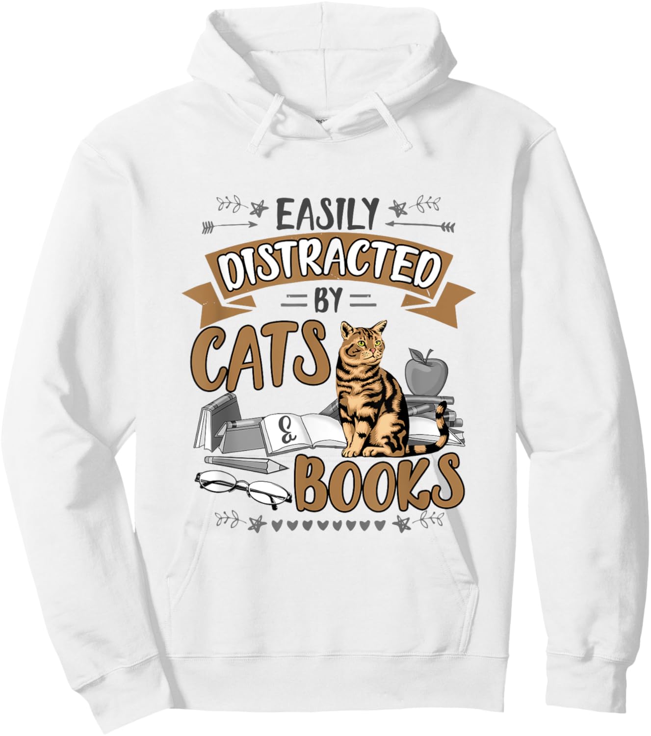 Easily Distracted by Cats and Books Men Women Cat Lovers Hoodie - Hoodie | White