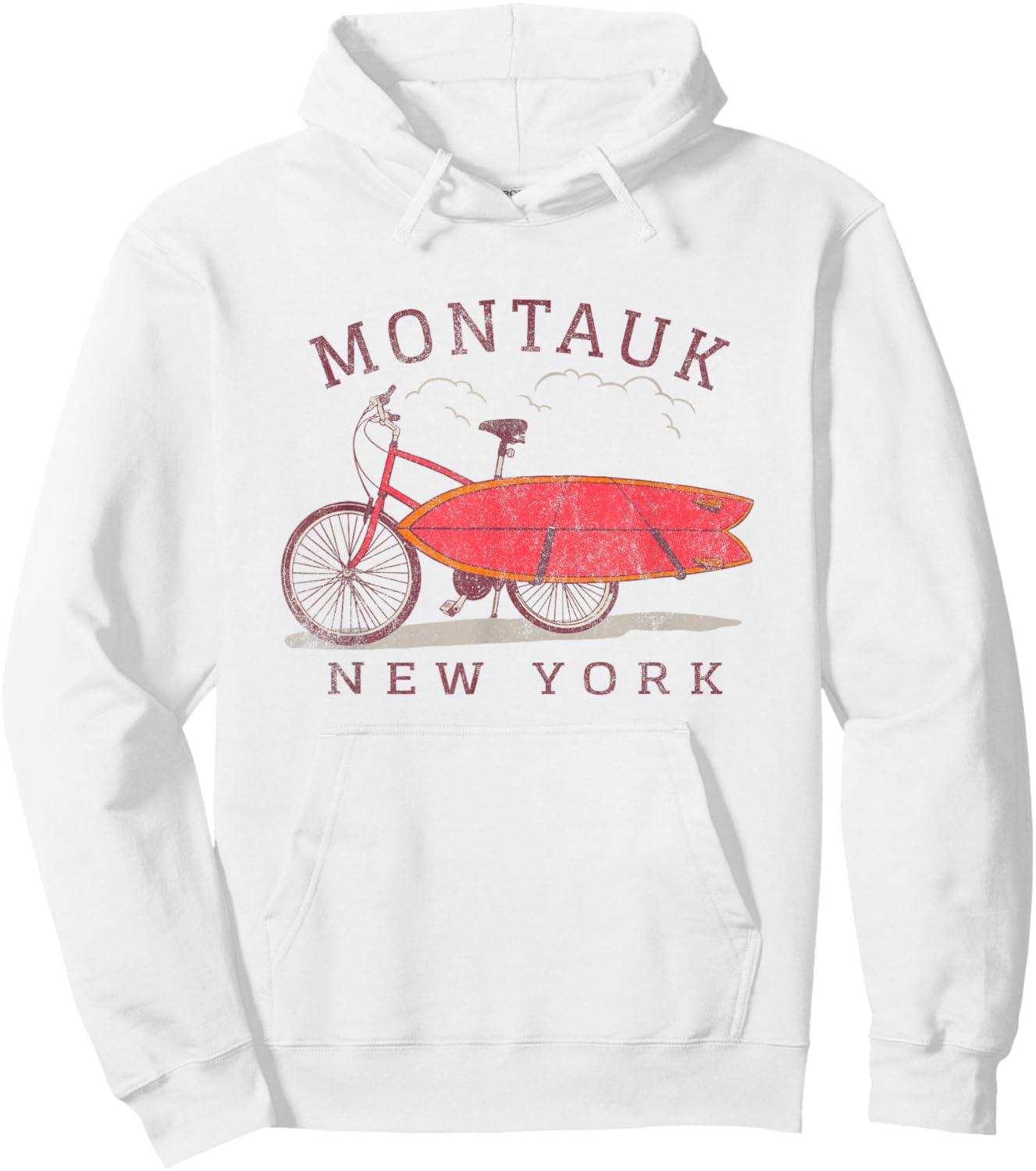 Retro Montauk New York NY Surfing Fan Surfboard Bicycle Art Hoodie - Hoodie | White