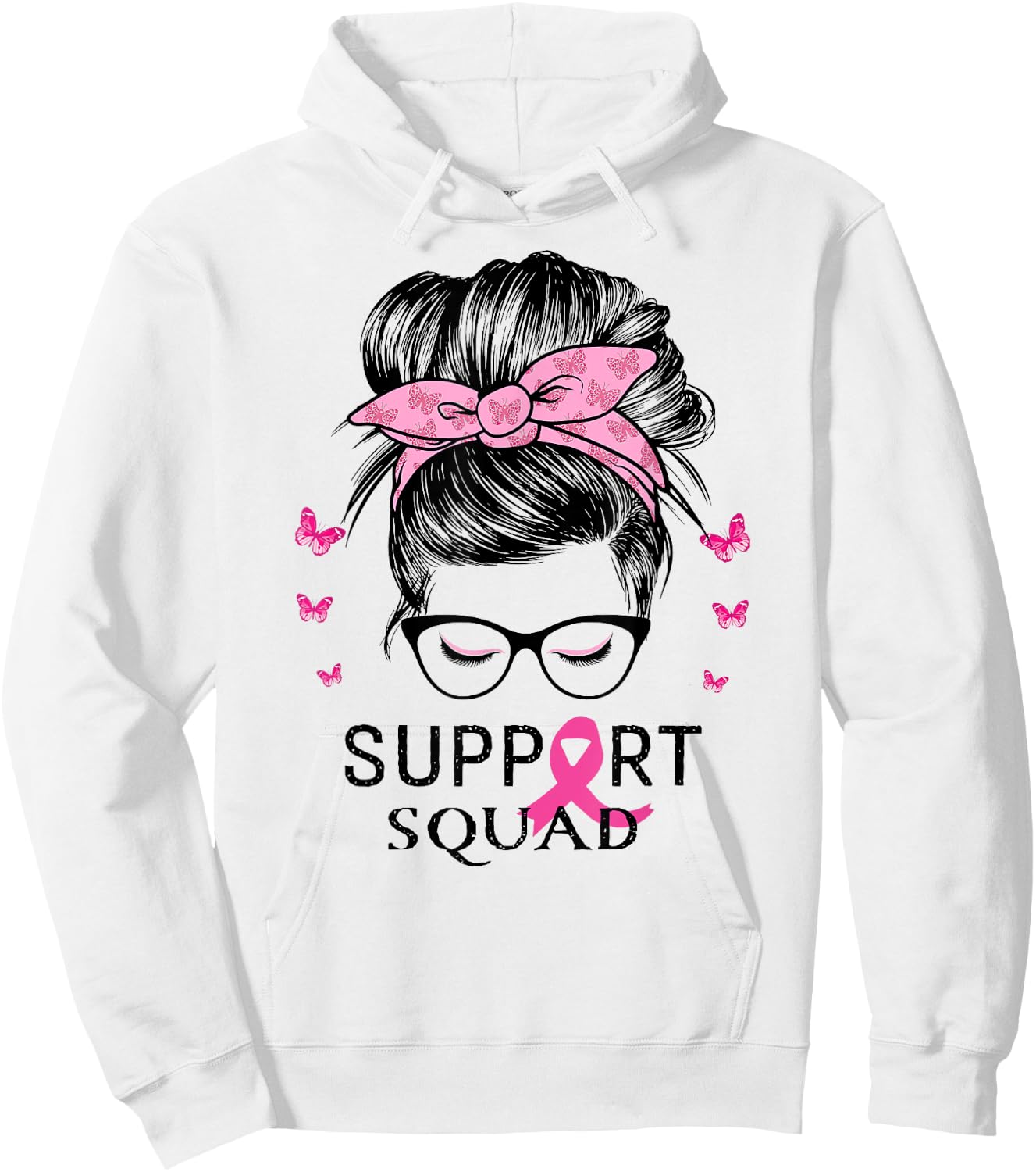 Support Squad Messy Bun Breast Cancer Awareness Hoodie - Hoodie | White