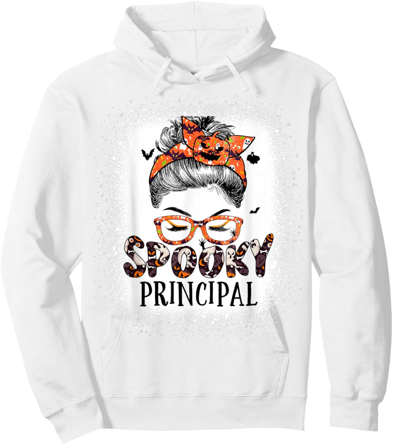 Messy Bun Spooky Principal Bleached Halloween Pumpkin Hoodie - Hoodie | White