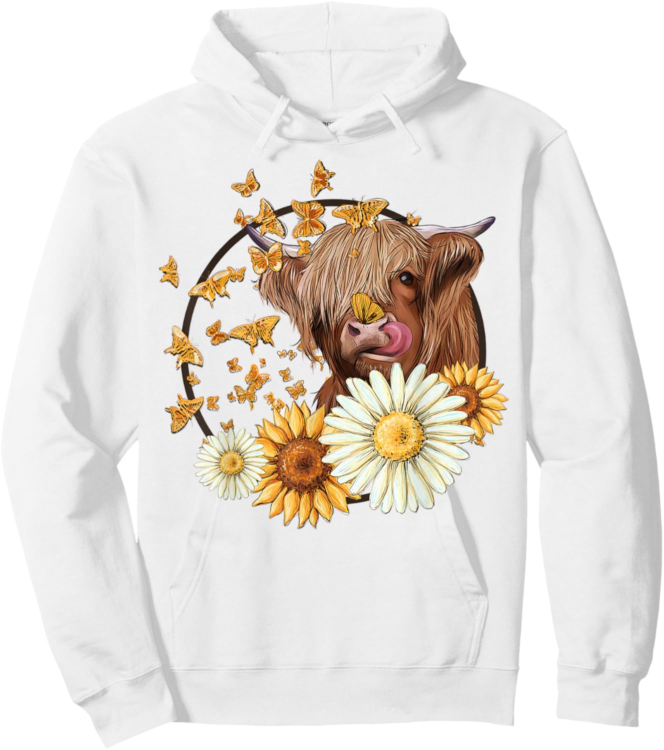 Highland Cow With Sunflower Daisies Butterflies Farm Western Hoodie - Hoodie | White