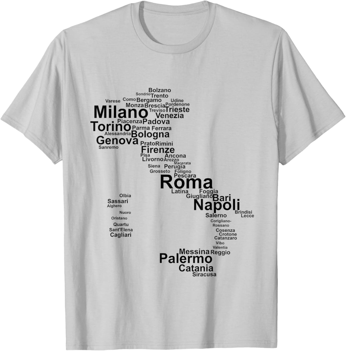 Italy Map Silhouette Towns Cities Rome Milan Travel Europe T-Shirt - T-Shirt | Ash