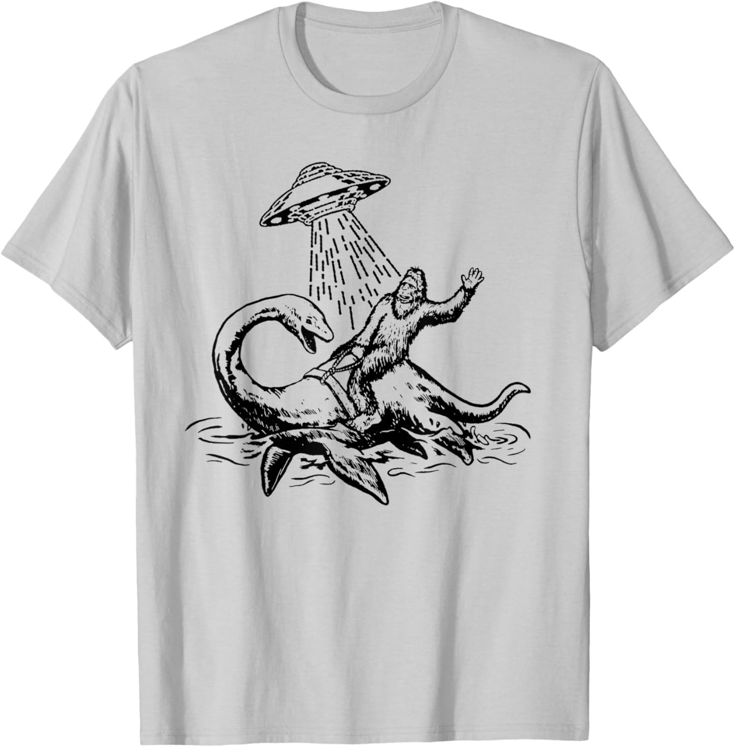Bigfoot Riding Loch Ness Monster Funny Sasquatch Nessie T-Shirt - T-Shirt | Ash