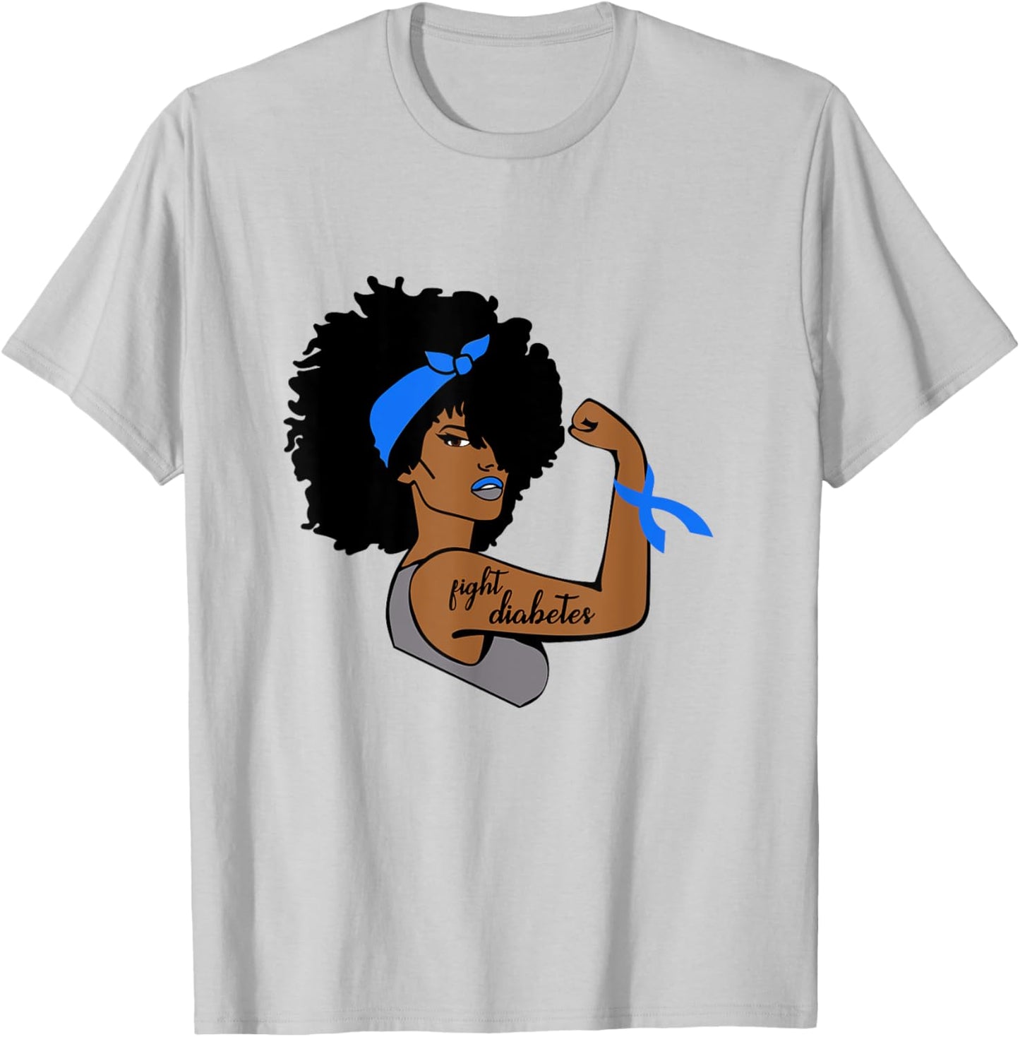 Fight Diabetes African American Woman Blue Ribbon Awareness T-Shirt - T-Shirt | Ash