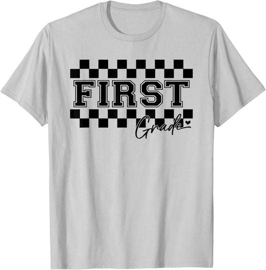 First Grade Checkered Teacher 1st Day Back to School Women T-Shirt - T-Shirt | Ash