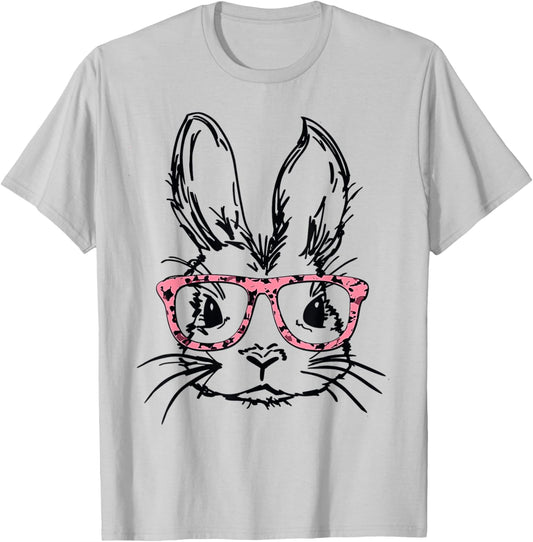 Cute Bunny With Glasses Leopard Print Easter Bunny Face T-Shirt - T-Shirt | Ash