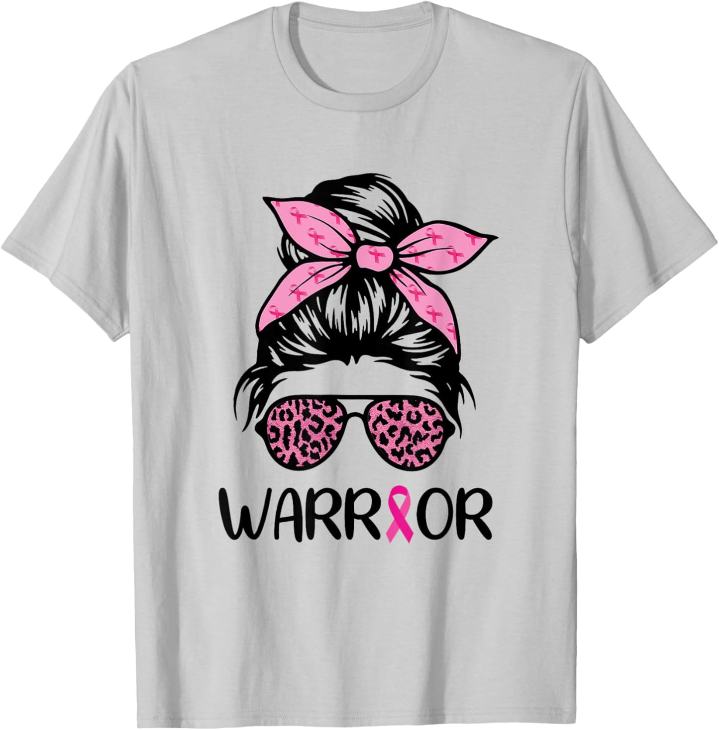 Warrior Breast Cancer Awareness Messy Bun Leopard Pink T-Shirt - T-Shirt | Ash
