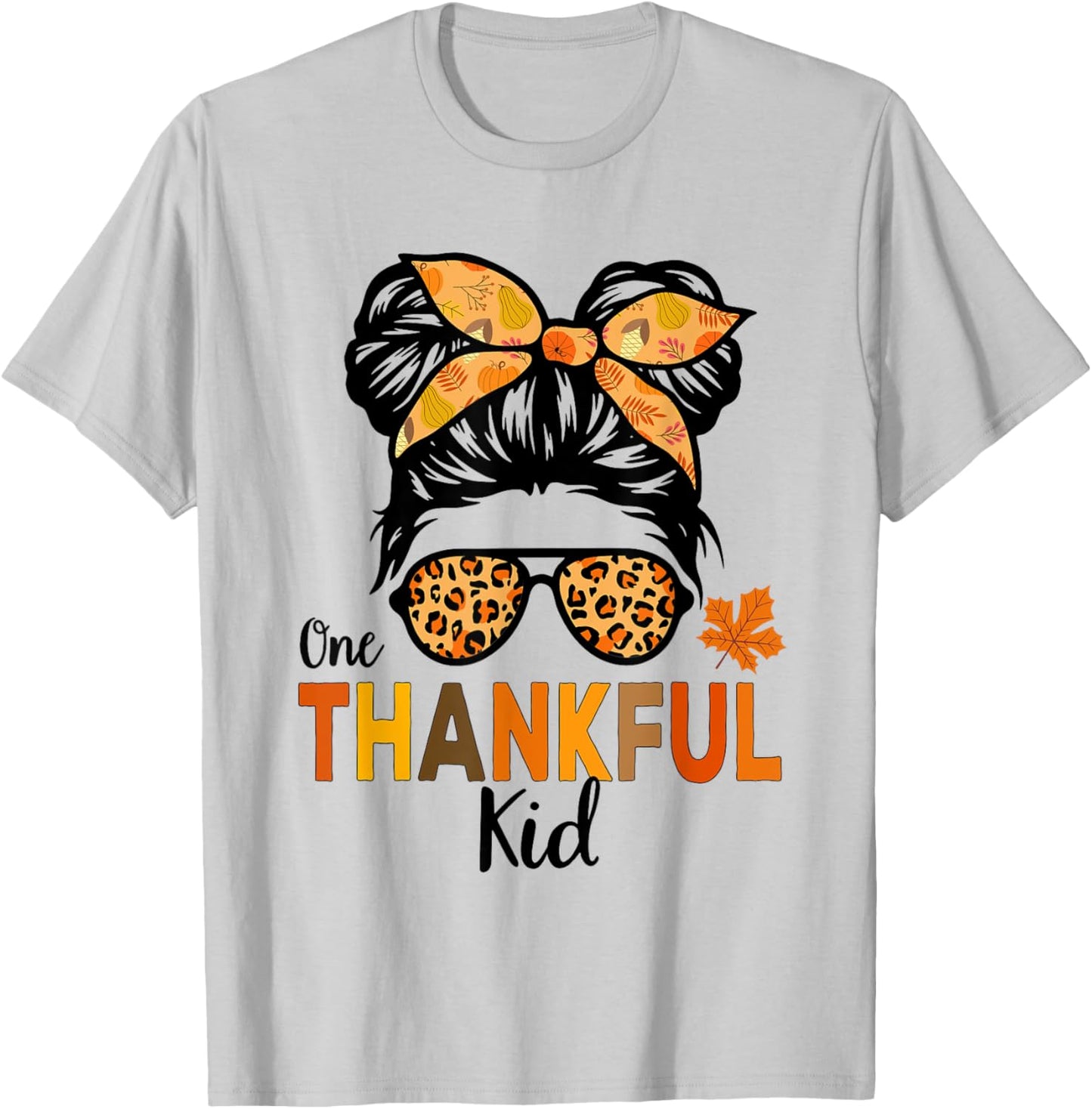 Thanksgiving Shirts for Girls One Thankful Kid Messy Bun T-Shirt - T-Shirt | Ash