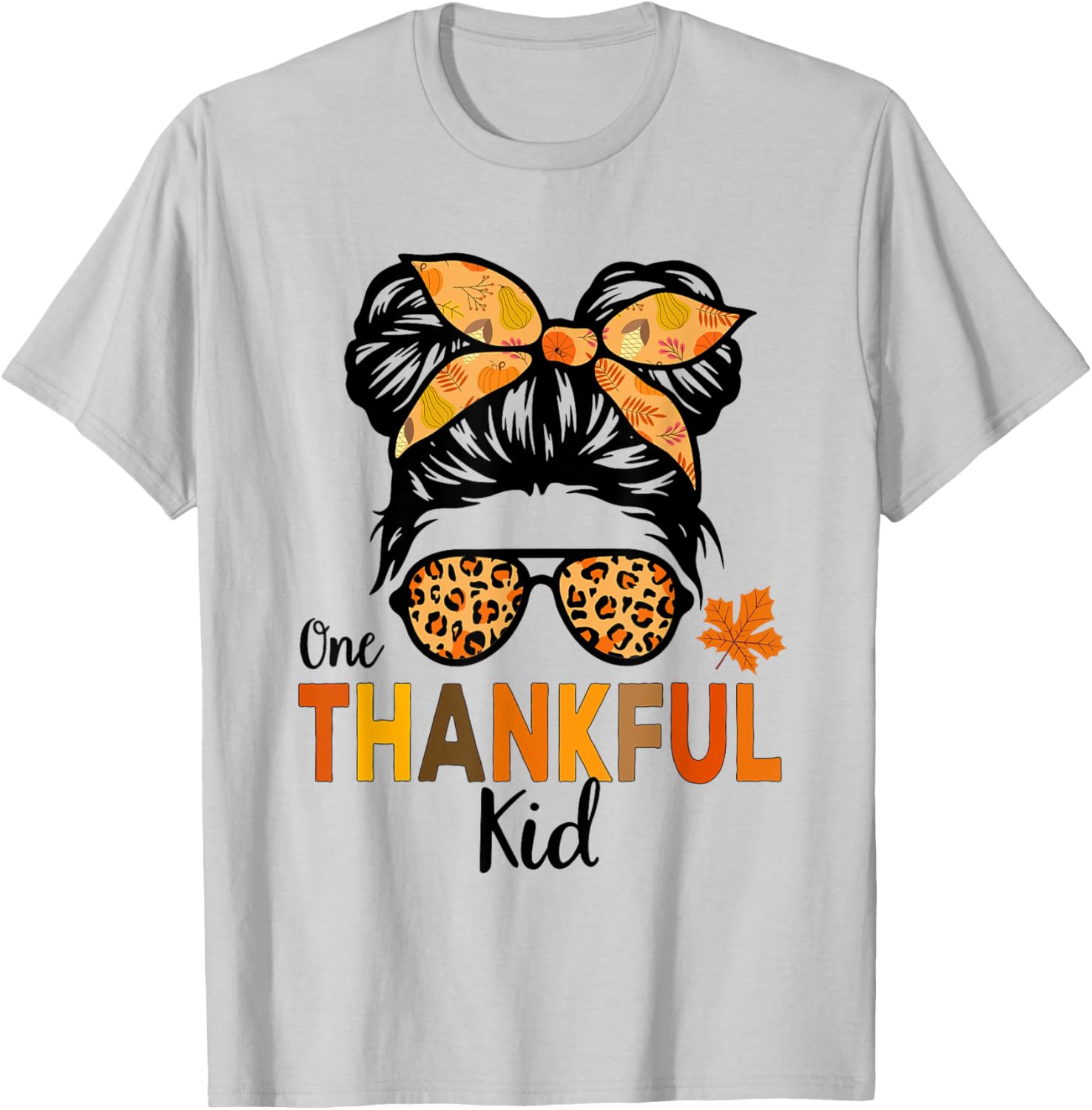 Thanksgiving Shirts for Girls One Thankful Kid Messy Bun T-Shirt - T-Shirt | Ash