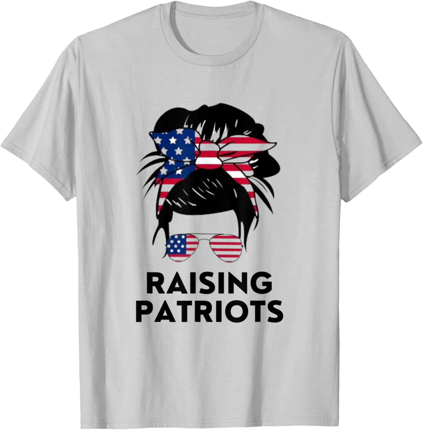 Raising Patriots Messy Bun Mom American Flag T-Shirt - T-Shirt | Ash
