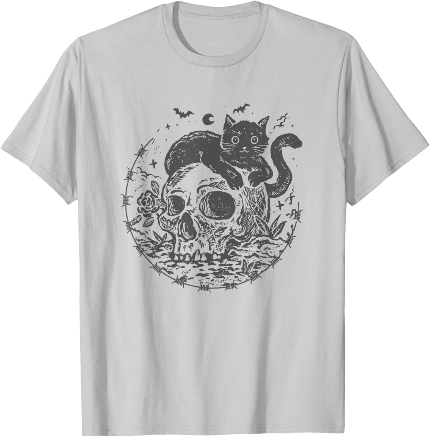 Mysterious Black Cat On A Skull Witchy Aesthetic Grunge T-Shirt - T-Shirt | Ash