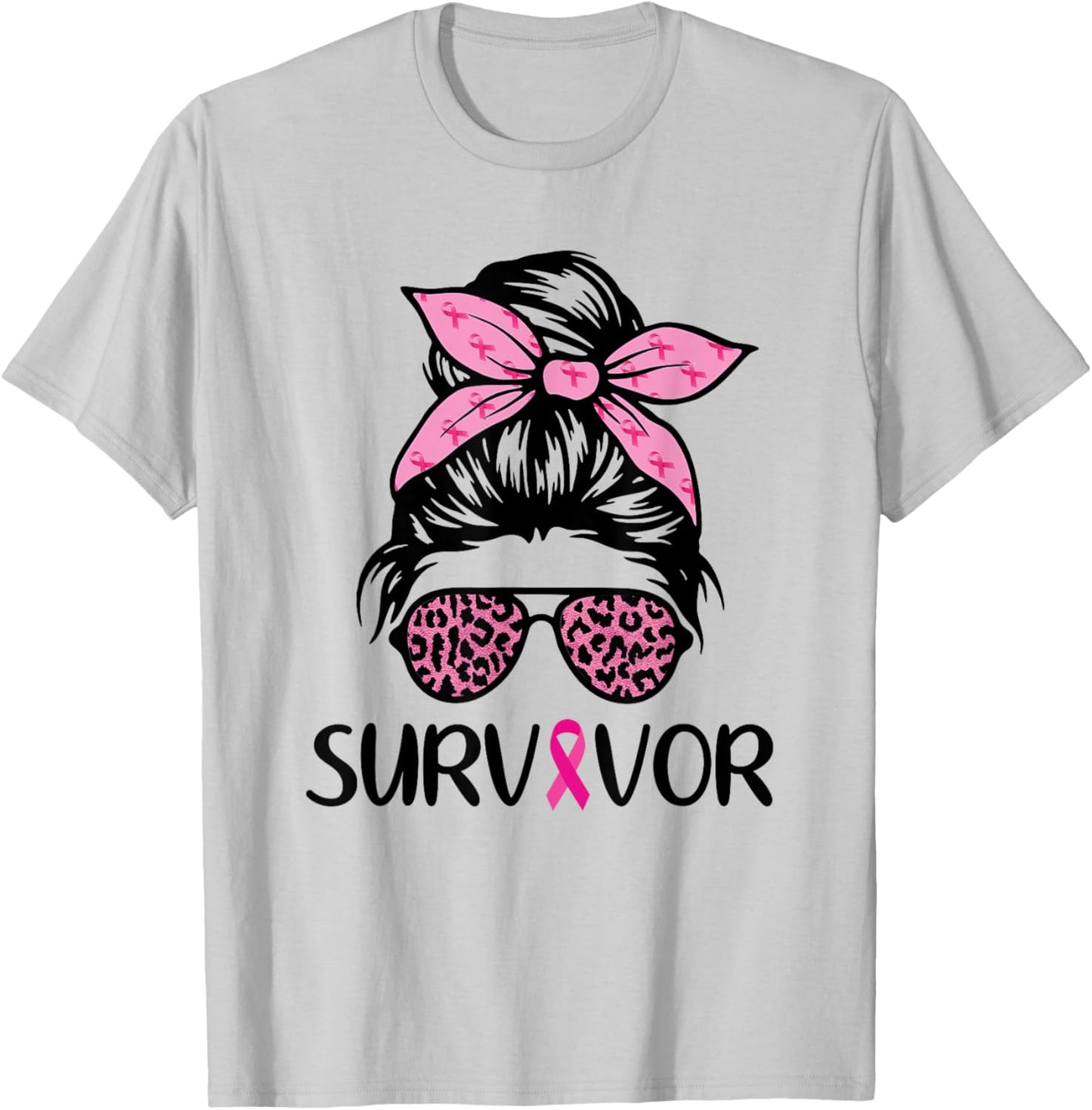 Survivor Breast Cancer Awareness Shirt Messy Bun Pink T-Shirt - T-Shirt | Ash