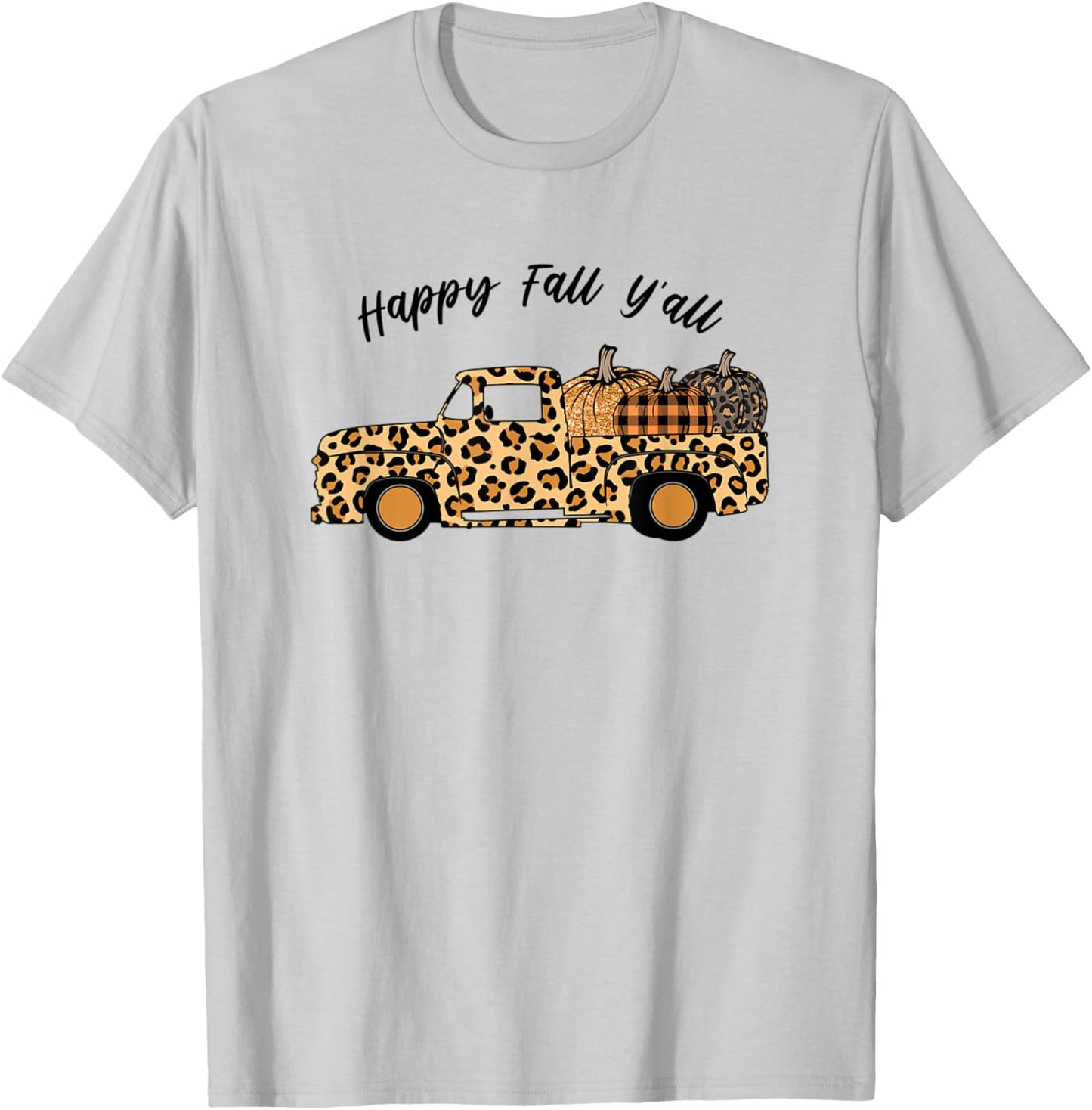 Happy Fall Y'All Women's Leopard Truck with Pumpkins T-Shirt - T-Shirt | Ash