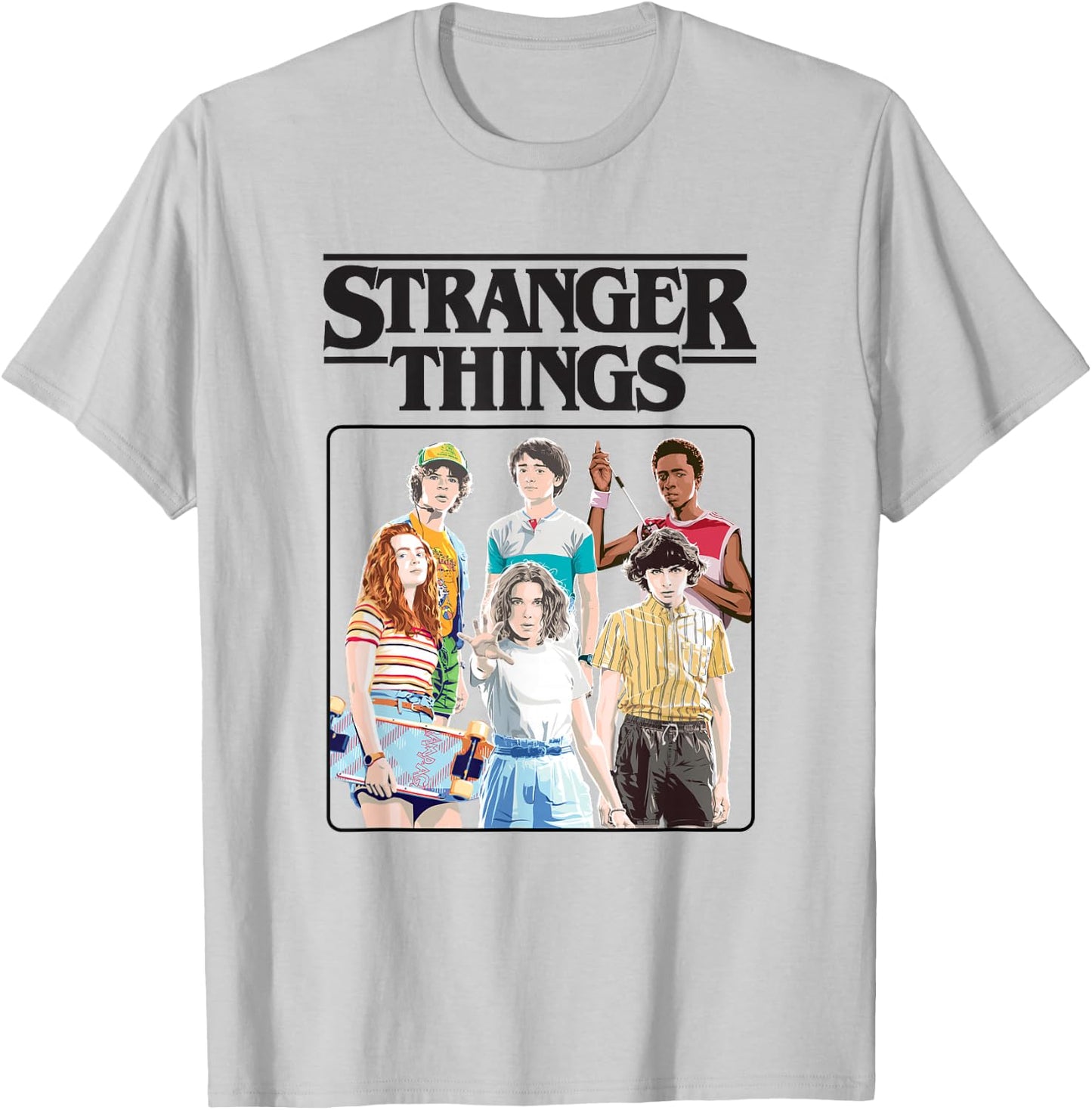 Stranger Things Vintage Eighties Retro Group Shot Title Logo T-Shirt - T-Shirt | Ash