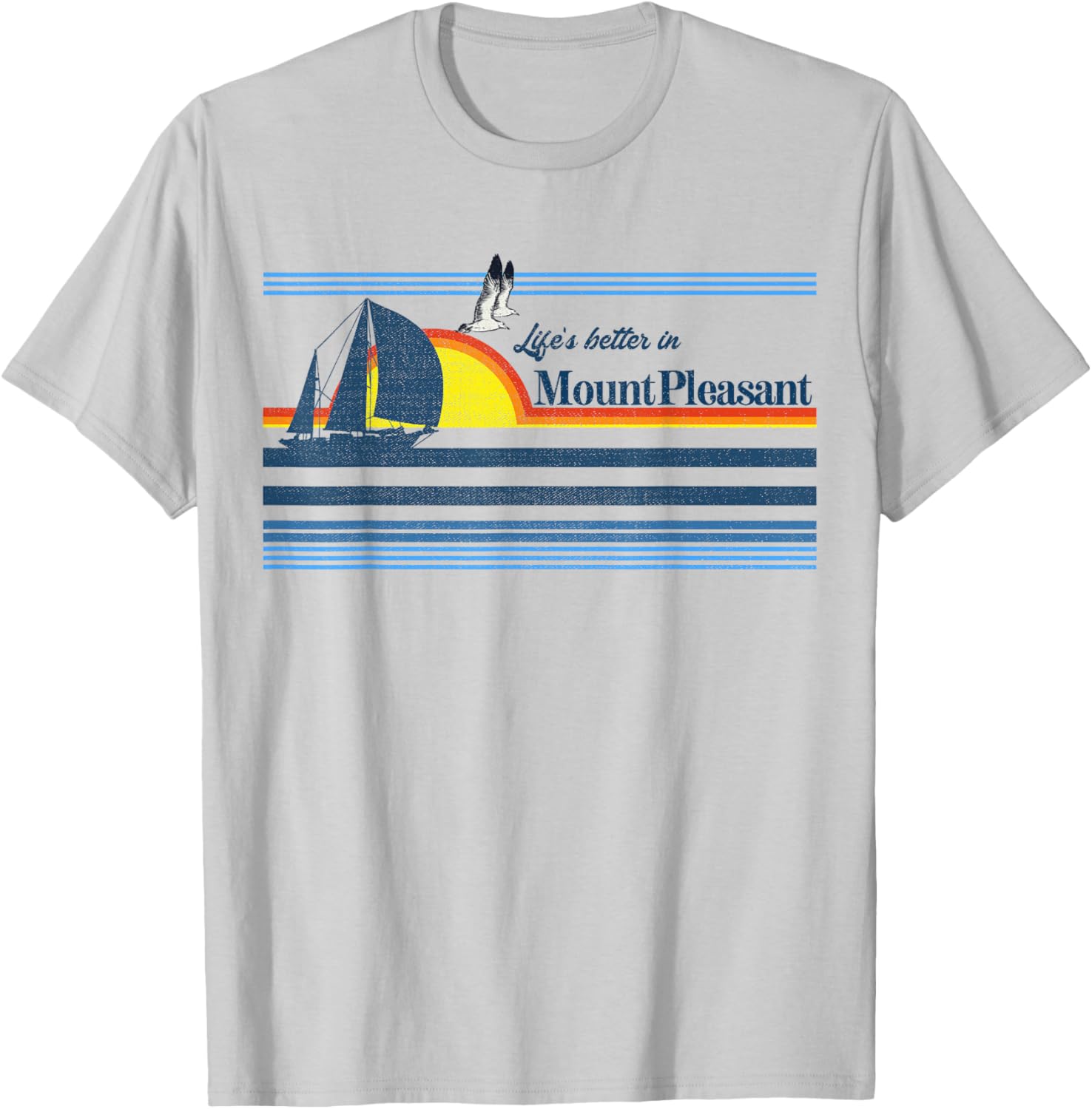 Mount Pleasant SC - Beach Retro 70s 80s Sailing Boat Sunset T-Shirt - T-Shirt | Ash
