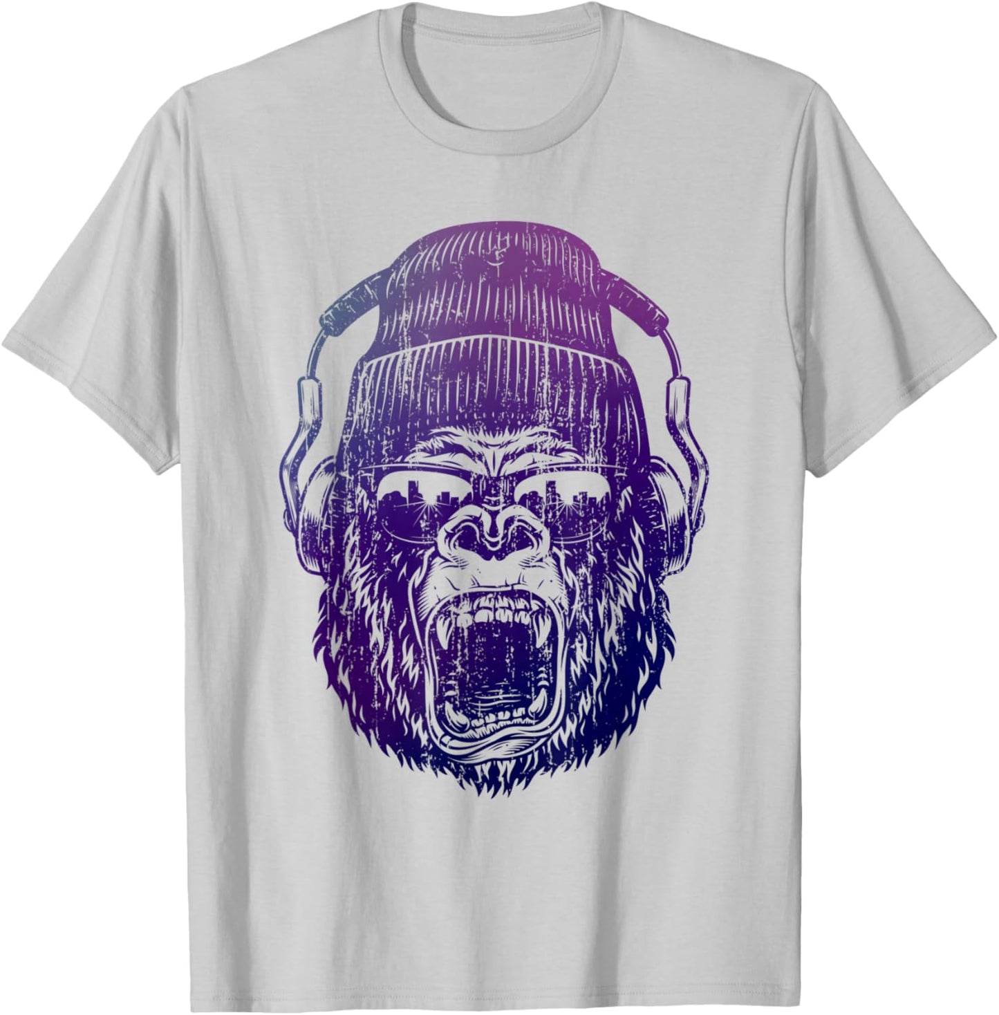 funky Monkey Chimp With Sunglasses And Headphones Funny T-Shirt - T-Shirt | Ash