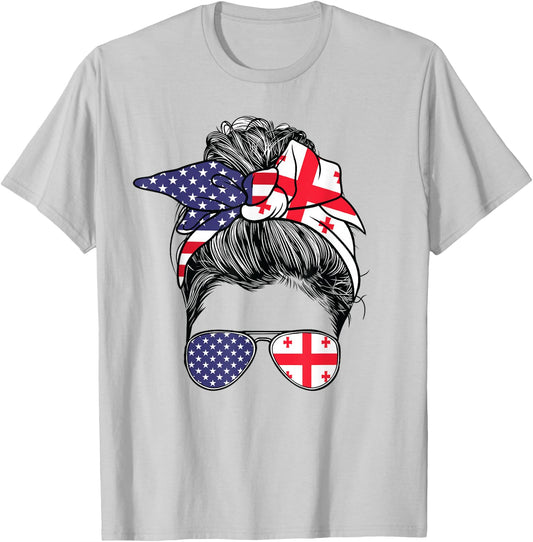 Georgian Women Girl USA Heritage American Georgia Flag T-Shirt - T-Shirt | Ash