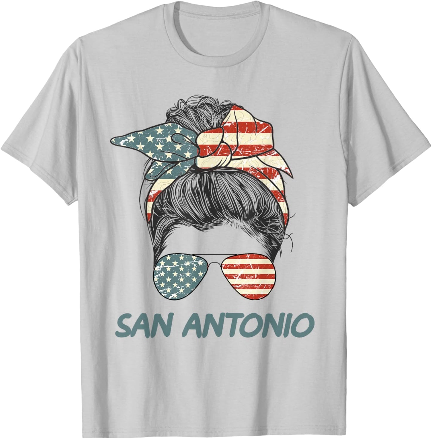 San Antonio Girl Messy bun, Texas Pride Patriotic USA flag T-Shirt - T-Shirt | Ash
