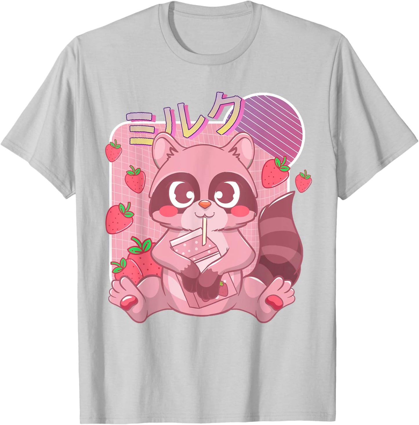 Funny Kawaii Raccoon Strawberry Milk Shake Japanese Anime T-Shirt - T-Shirt | Ash