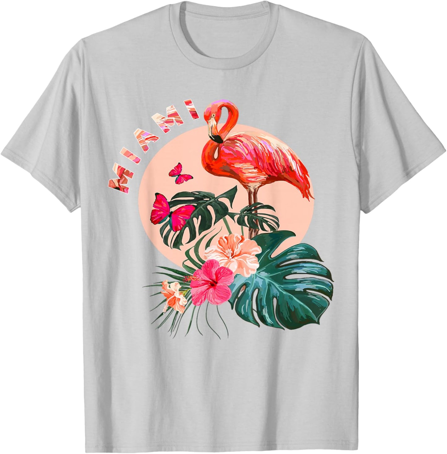 Miami Beach Florida Flamingo Sunset - Flowers Miami Souvenir T-Shirt - T-Shirt | Ash