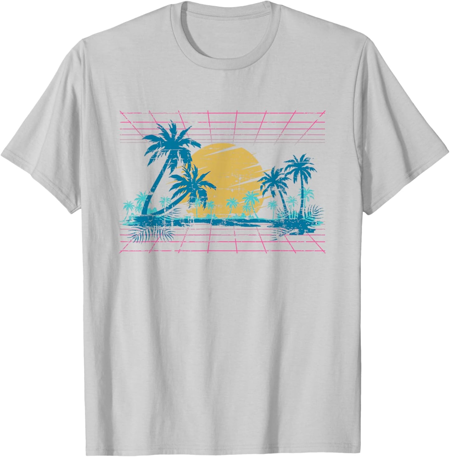 Sunset Palm Trees Beach 80s Art Vaporwave Tropical Summer T-Shirt - T-Shirt | Ash