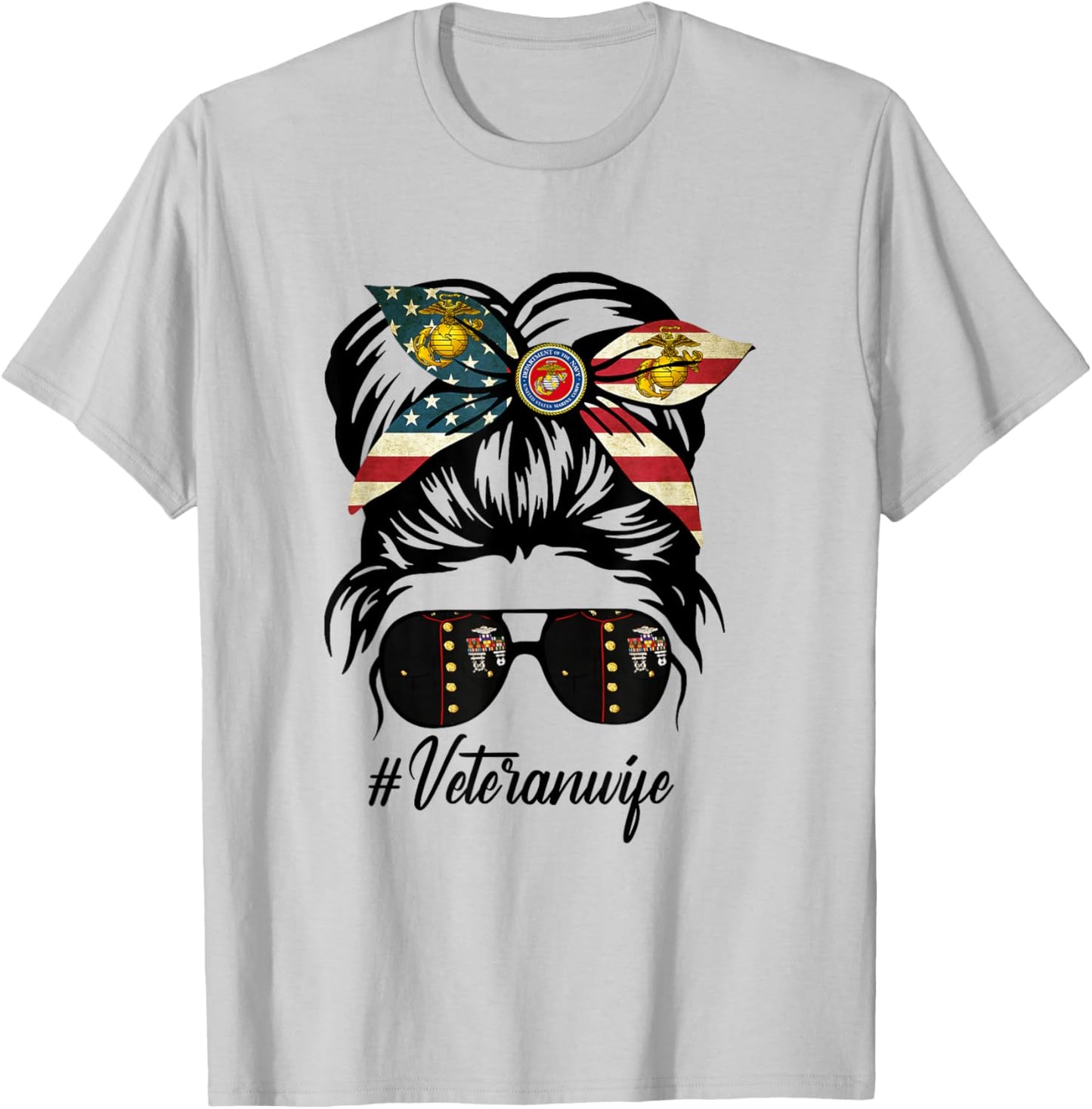Women Veteran Wife Military Patriotic Messy Bun Hair T-Shirt - T-Shirt | Ash