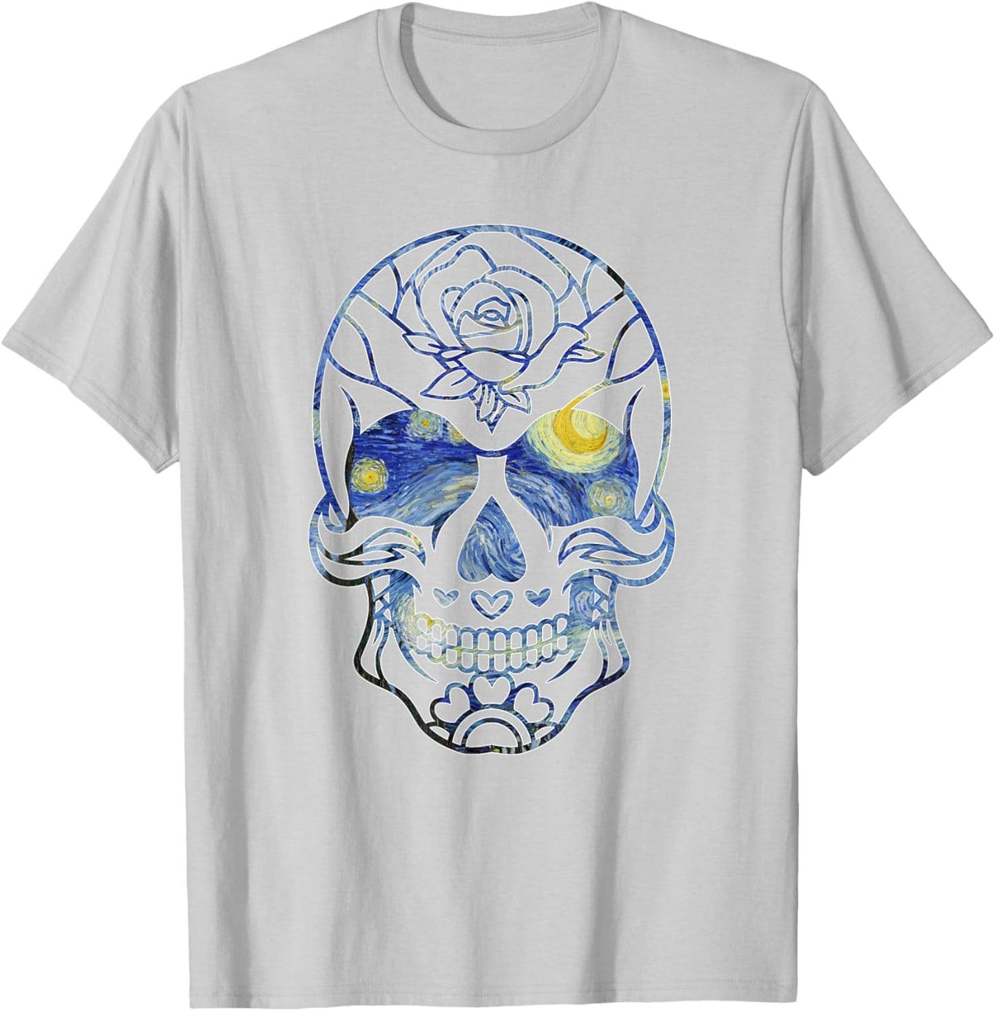 Van Gogh Starry Night Sugar Skull Day of the Dead Art T-Shirt - T-Shirt | Ash