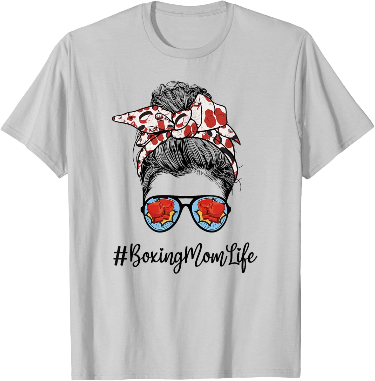 Funny Life Boxing Mom Leopard Messy bun Glasses T-Shirt - T-Shirt | Ash