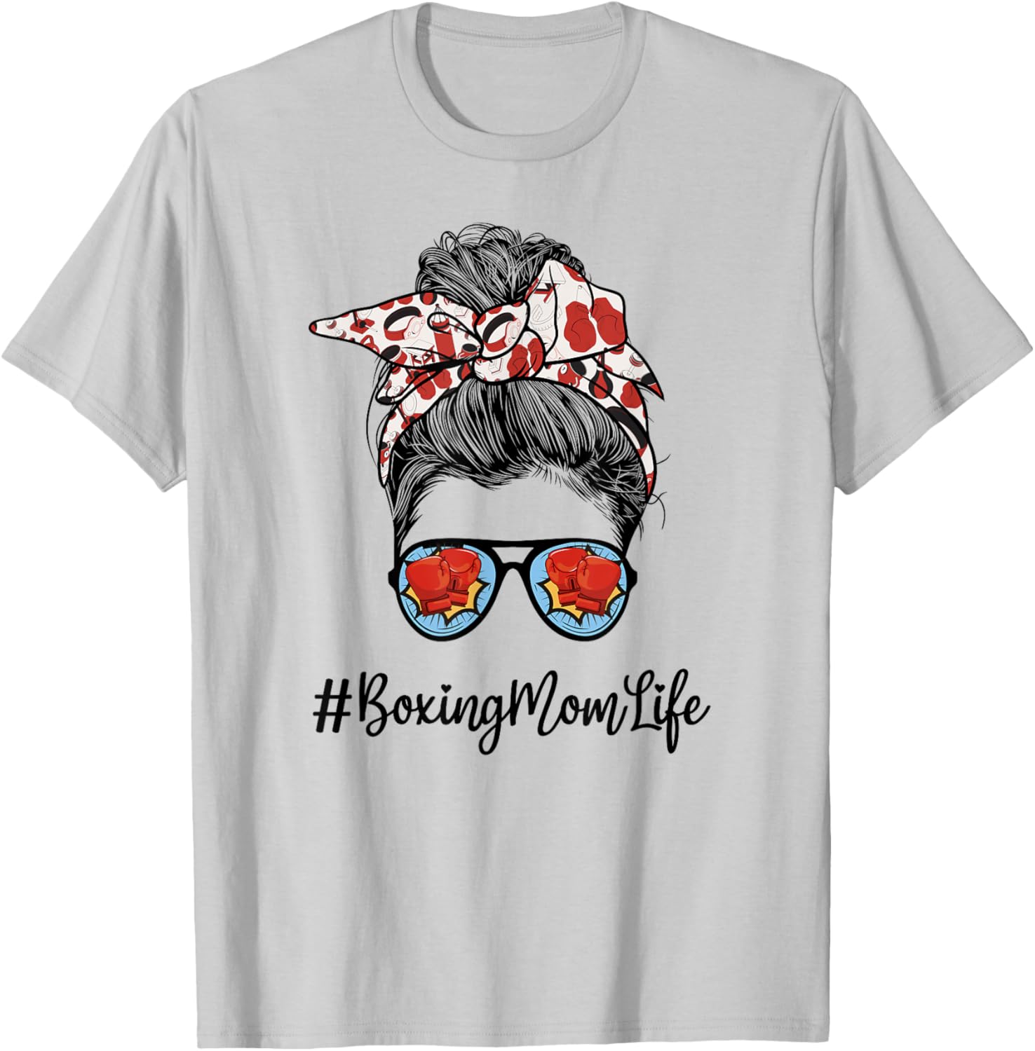 Funny Life Boxing Mom Leopard Messy bun Glasses T-Shirt - T-Shirt | Ash
