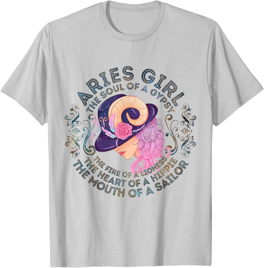 Aries Girl The Soul Of A Gypsy Birthday Hippie Soul T-Shirt - T-Shirt | Ash