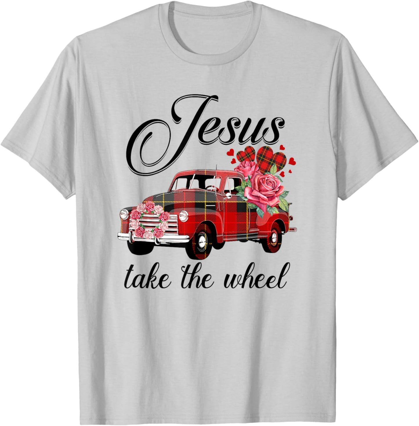 Jesus Take The Wheel Red Truck Christmas God Believer T-Shirt - T-Shirt | Ash