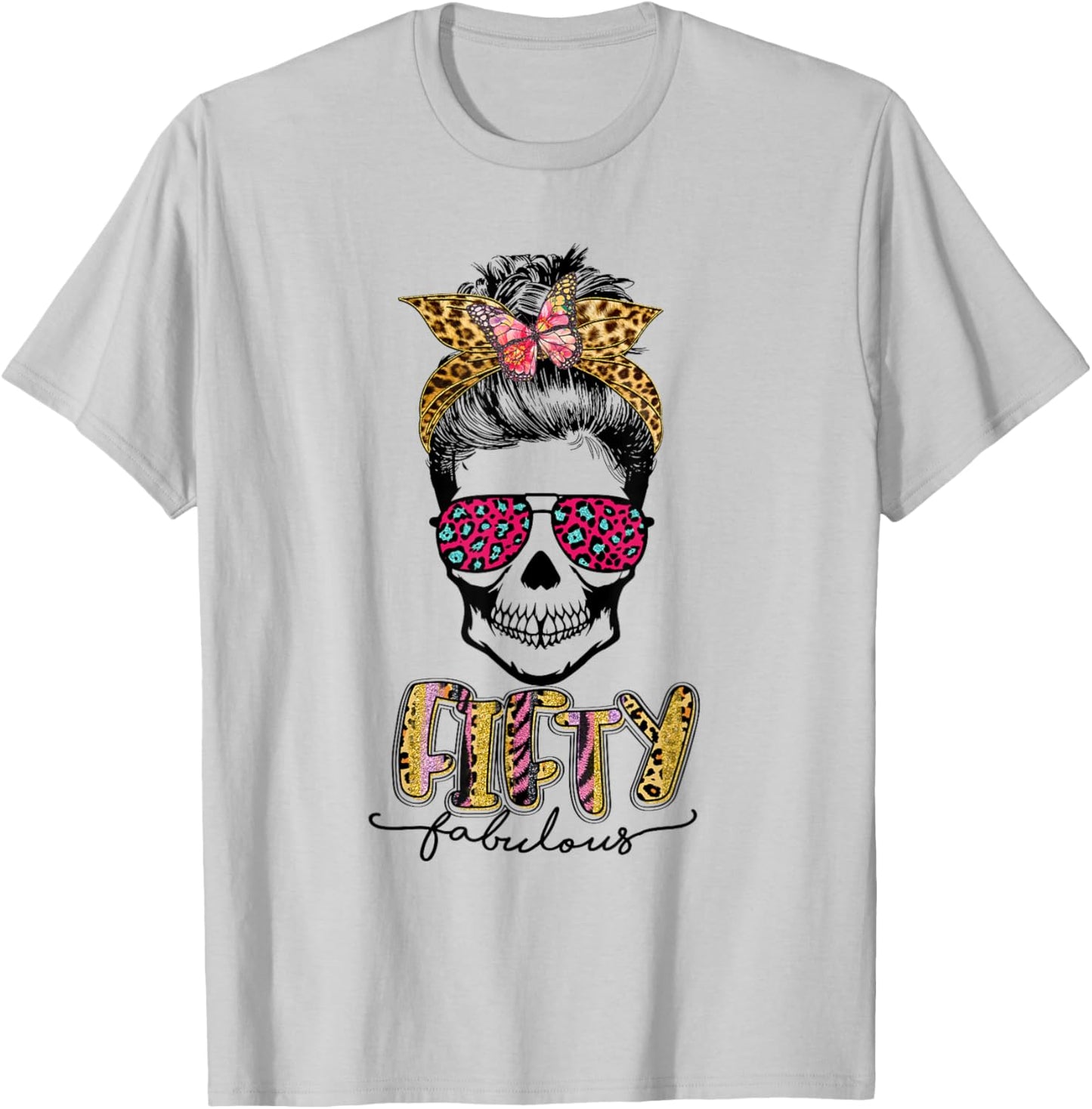 Fifty & Fabulous Sugar Skull Mom 50th Birthday Gifts T-Shirt - T-Shirt | Ash
